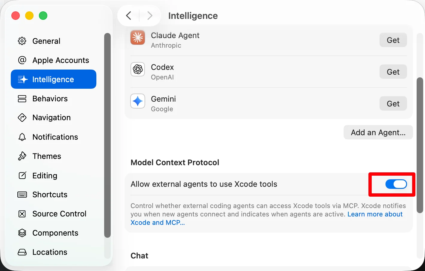 Xcode Intelligence 设置中开启外部 Agent 使用 Xcode 工具的 Model Context Protocol 开关